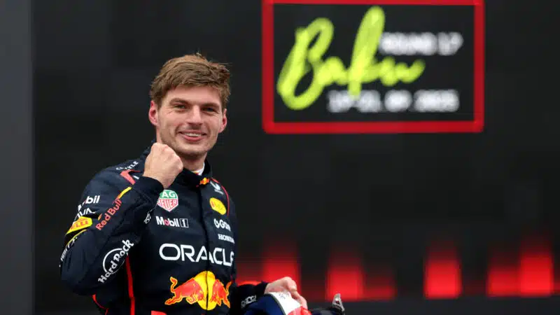 Race winner Max Verstappen celebrates at the Azerbaijan GP