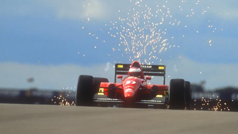 Sparks fly from Jean Alesi´s Ferrari during the 1992 British Grand Prix