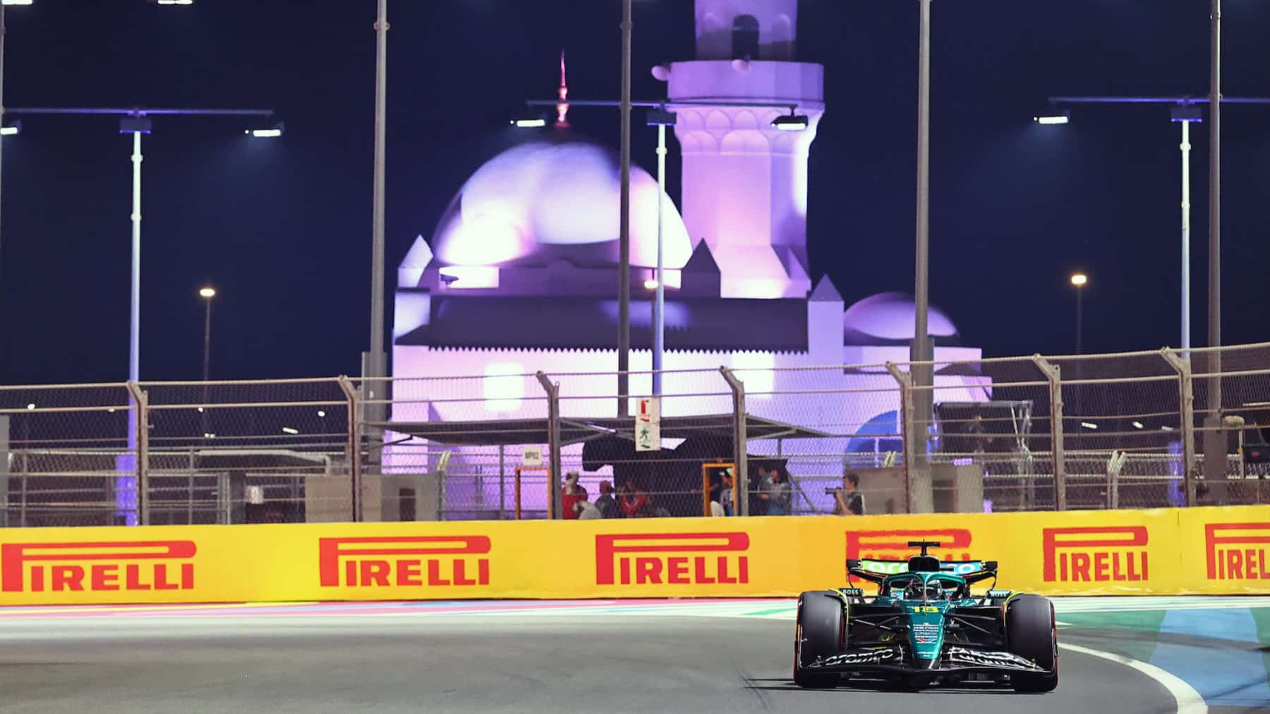 Lance Stroll (Aston Martin-Mercedes) and mosque during practice for the 2025 Saudi Arabian Grand Prix