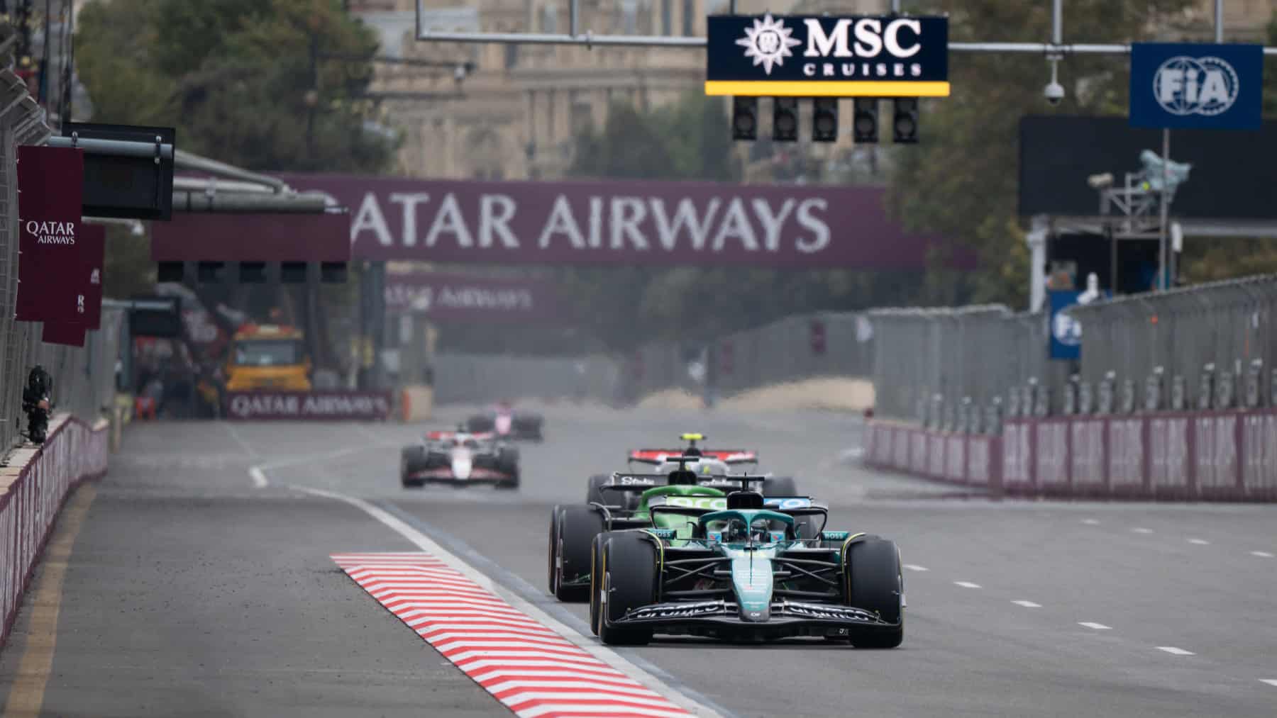 Lance Stroll (Aston Martin-Mercedes) leads other cars in the 2025 Azerbaijan Grand Prix