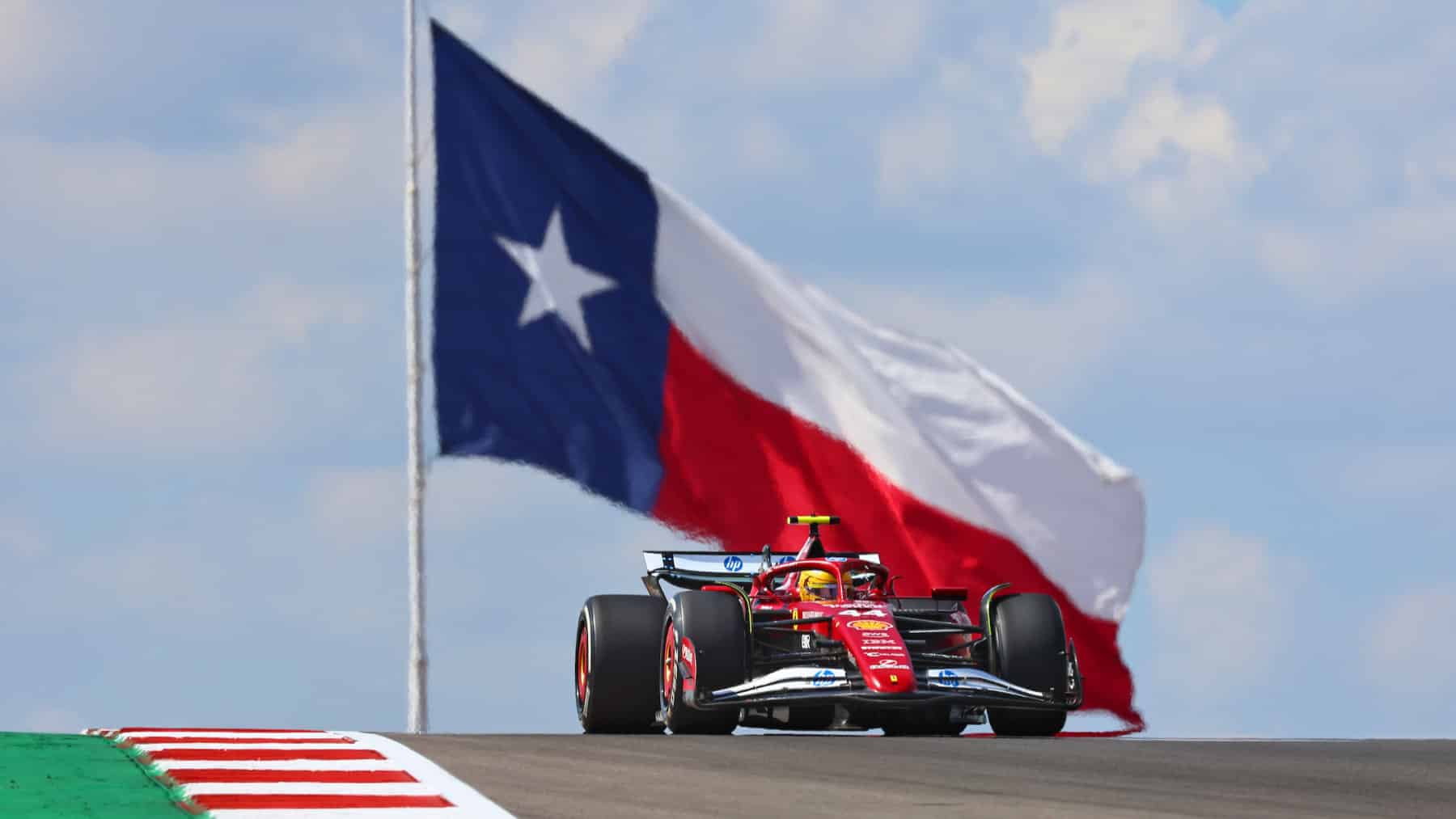 Lewis Hamilton (Ferrari) in front of Texan flag during practice for the 2025 United States Grand Prix