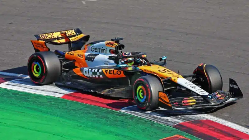 Oscar Piastri (McLaren-Mercedes) seen from above during qualifying at the Mexican Grand Prix