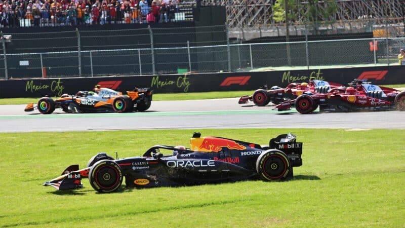 Lando Norris (McLaren-Mercedes) leads Ferrari drivers Lewis Hamilton and Charles Leclerc while Max Verstappen (Red Bull-Honda) goes off the circuit at the start of the Mexican Grand Prix