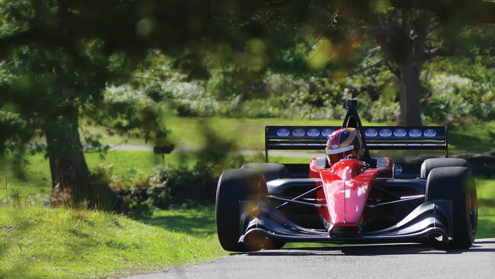 Matthew Ryder, now a double British Hillclimb champion, briefly on three wheels during a run at Loton Park in his Gould GR59
