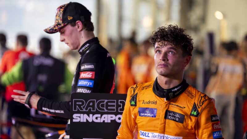 Oscar Piastri and Lando Norris, McLaren, at the Singapore GP