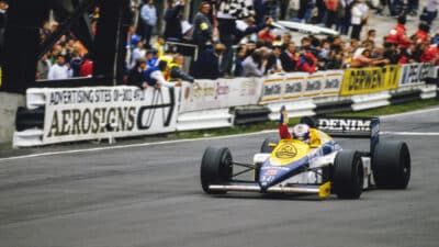 Nigel Mansell, Williams FW10 Honda, celebrates his first grand prix win during the European GP at Brands Hatch on October 06, 1985