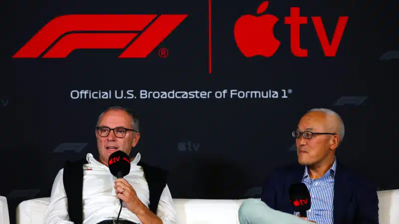 Stefano Domenicali, CEO of the Formula One Group and Derek Chang, President and Chief Executive Officer of Liberty Media Corporation attend the Apple TV press conference prior to practice ahead of the F1 Grand Prix of United States