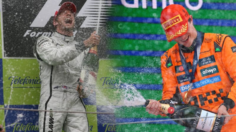 Jenson Button and Oscar Piastri celebrate Spanish Grand Prix victories on the podium