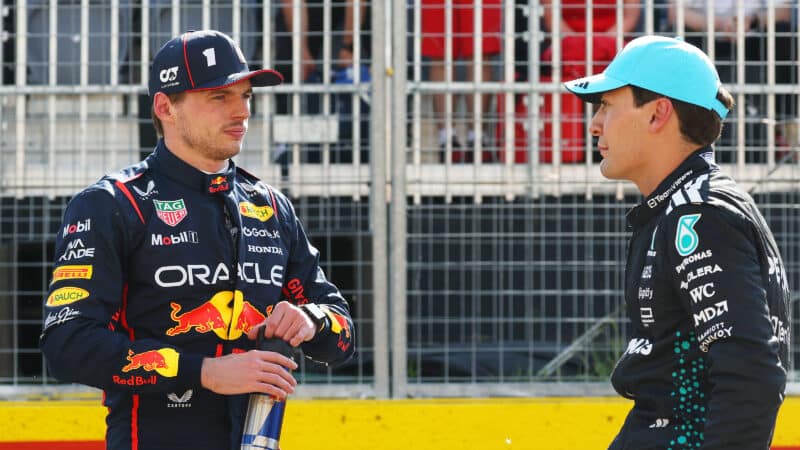 Max Verstappen with George Russell at the 20256 F1 Canadian Grand Prix