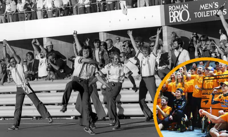 McLaren team celebrate winning the 1974 Formula 1 world championship at the United States Grand Prix