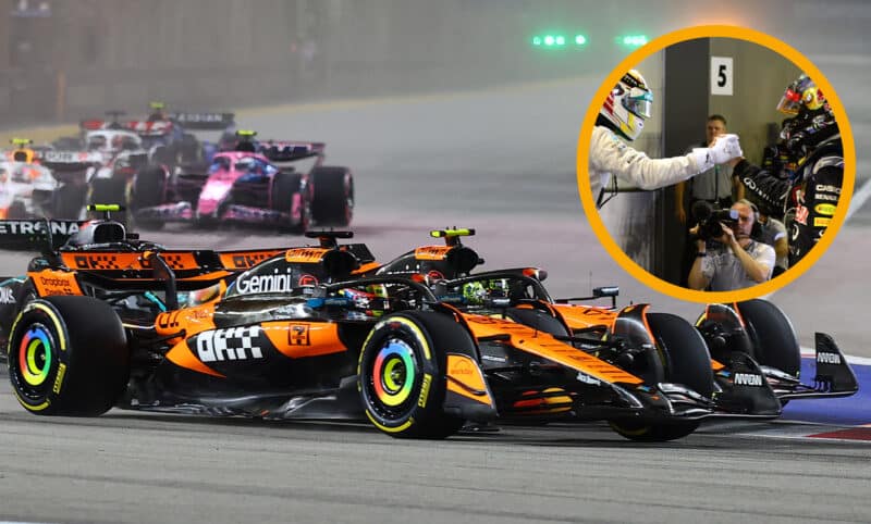 Oscar Piastri and Lando Norris clash in the 2025 F1 Singapore Grand Prix while inset Lewis Hamilton and Sebastian Vettel shake hands after the 2014 race