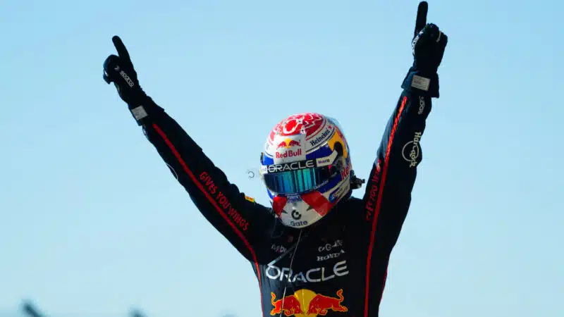 Max Verstappen celebrates after the US GP
