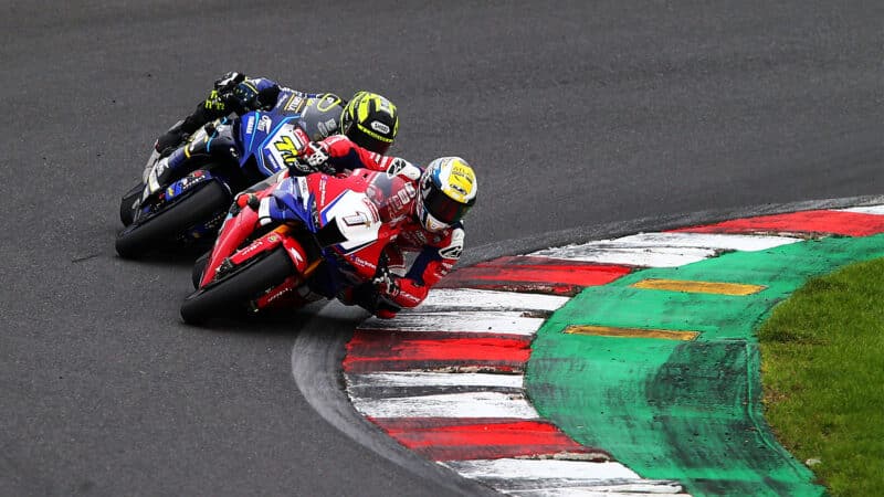Tommy Bridewell of Honda Racing UK #1 leads from Kyle Ryde of OMG GRILLA Yamaha Racing #77 during the final round of the British Superbikes Championship at Brands Hatch on October 13, 2024