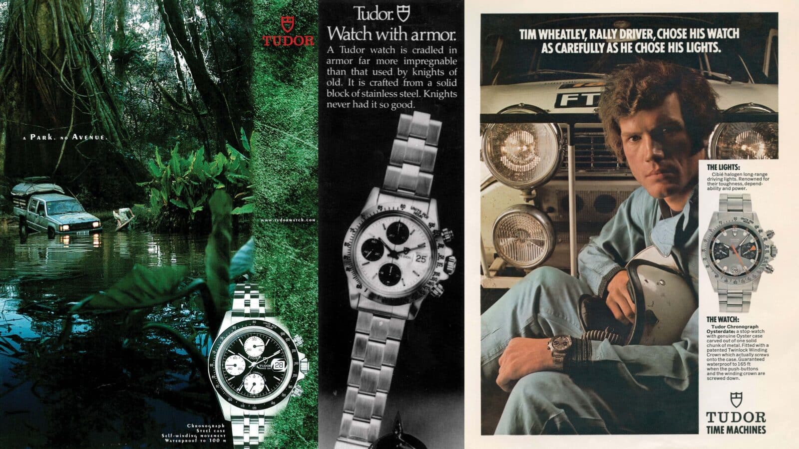Tudor Prince Oysterdate ad, 2000; “Knights never had it so good”, 1980; Tim Wheatley rally driver, Chronograph Oysterdate,