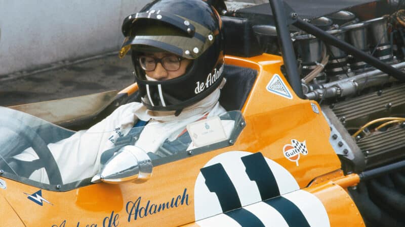 Andrea de Adamich (McLaren-Alfa Romeo in the pits before the 1970 British Grand Prix