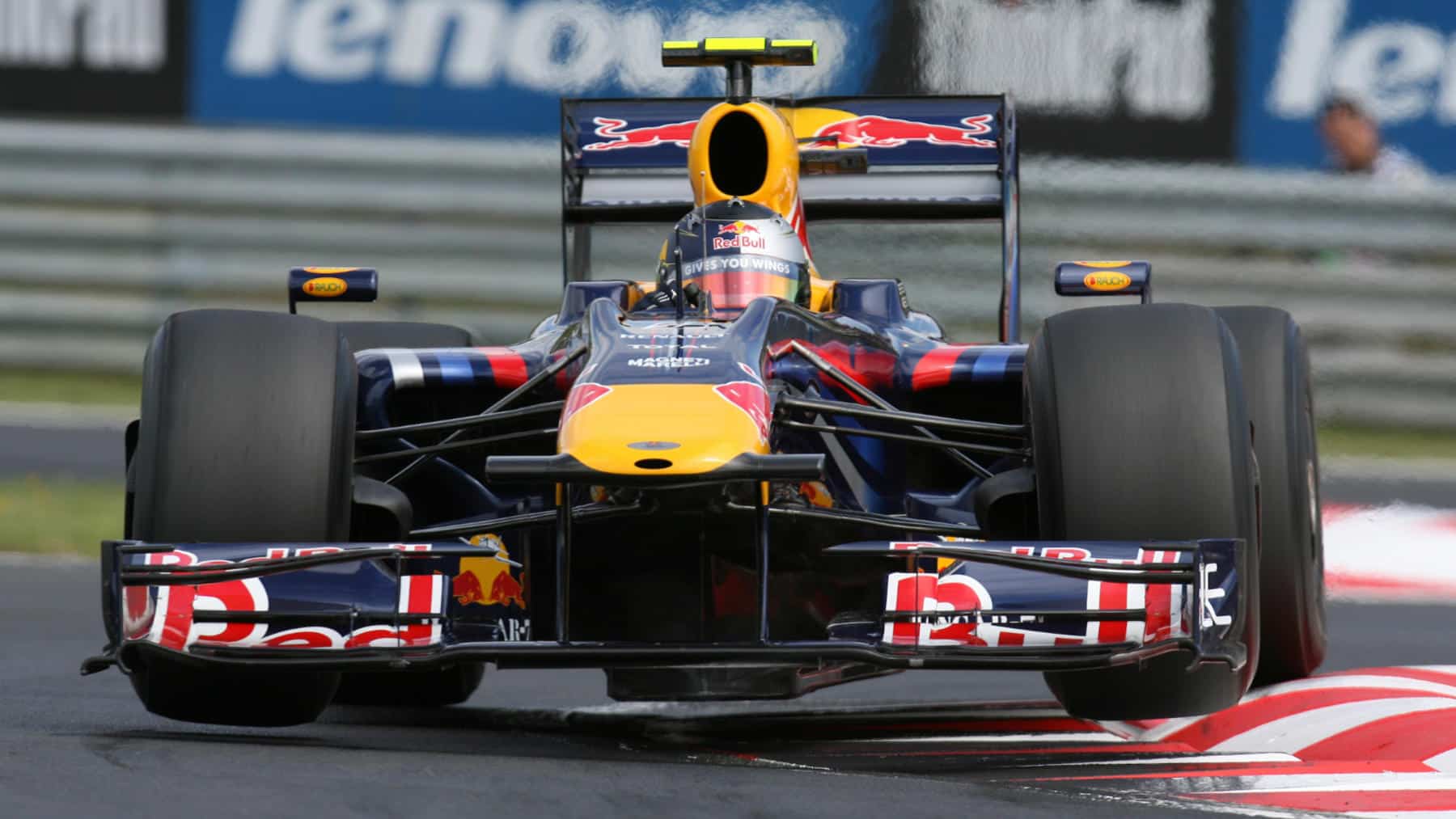 Sebastian Vettel (Red Bull-Renault) with lifted front wheels during practice for the 2009 Hungarian Grand Prix