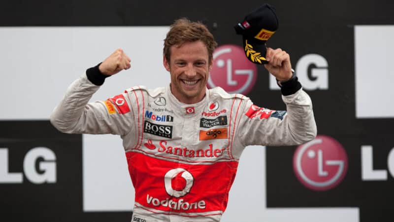 Jenson Button (McLaren-Mercedes) on the podium after 2011 Canadian Grand Prix in Montreal