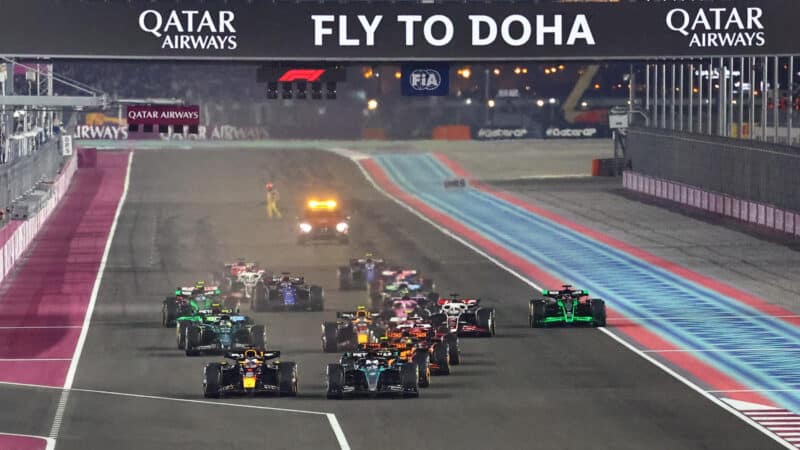 George Russell (Mercedes) and Max Verstappen (Red Bull-Honda) lead the field at the start of the 2024 Qatar Grand Prix