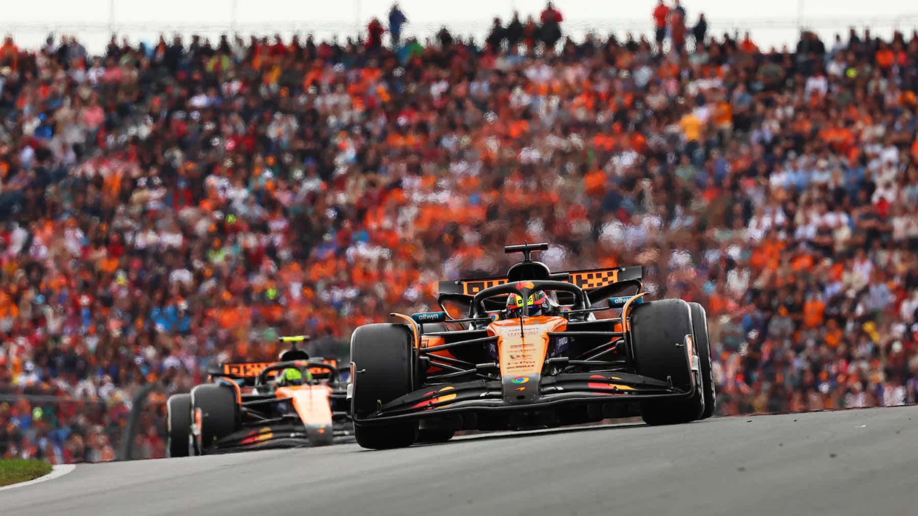 Oscar Piastri leads McLaren-Mercedes teammate Lando Norris during the 2025 Dutch Grand Prix
