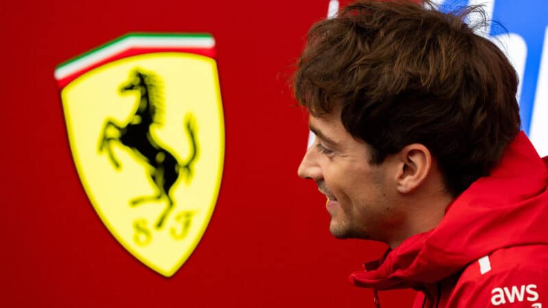 Charles Leclerc and Ferrari logo / Prancing Horse before the 2025 Brazilian Grand Prix