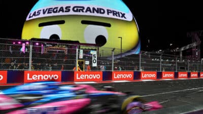Pierre Gasly (Alpine-Renault) in front of the Sphere during practice for the 2025 Las Vegas Grand Prix