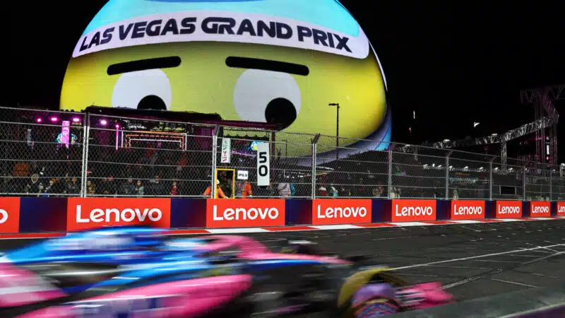 Pierre Gasly (Alpine-Renault) in front of the Sphere during practice for the 2025 Las Vegas Grand Prix