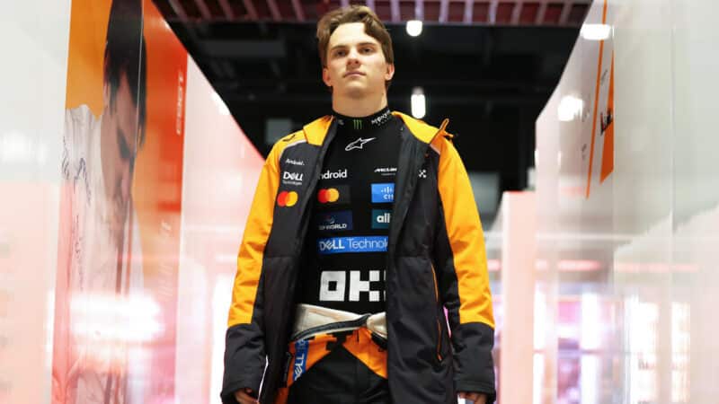 Oscar Piastri of Australia and McLaren looks on in the garage during practice ahead of the F1 Grand Prix of Las Vegas