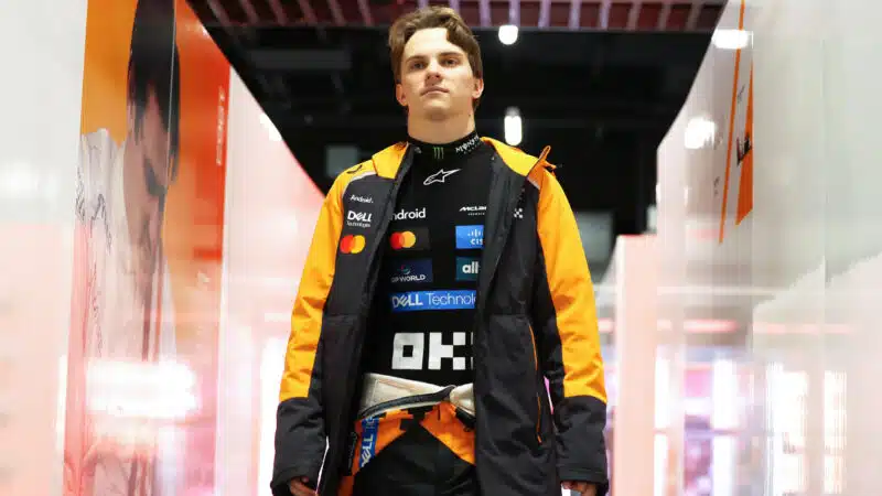 Oscar Piastri of Australia and McLaren looks on in the garage during practice ahead of the F1 Grand Prix of Las Vegas