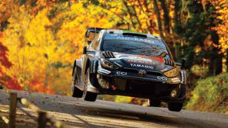 Evans above: WRC driver’s Toyota gets airborne in Japan