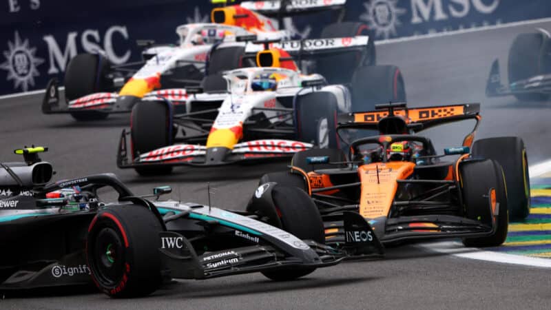 Kimi Antonelli is hit by Oscar Piastri at the restart of the Brazilian GP