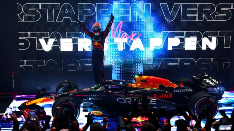 Max Verstappen celebrates after the Qatar GP