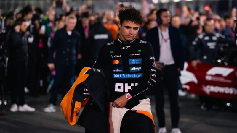 Lando Norris looks thoughtful at the 2025 F1 Las Vegas Grand Prix