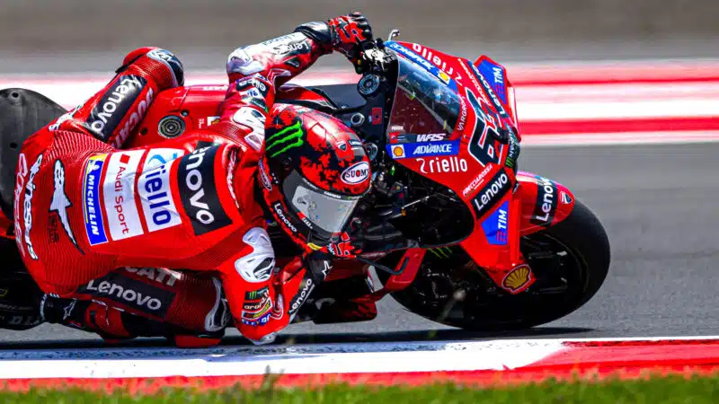 Pecco Bagnaia cornering on Ducati in 2025 MotoGP race