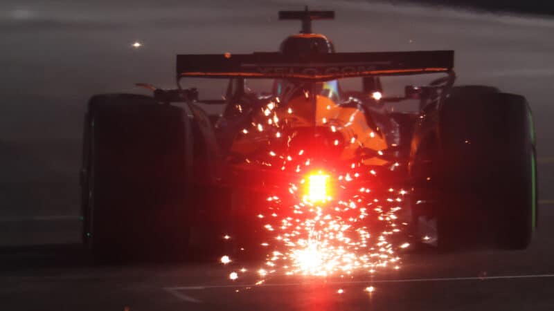 Sparks from McLaren F1 car at 2025 Las Vegas Grand Prix