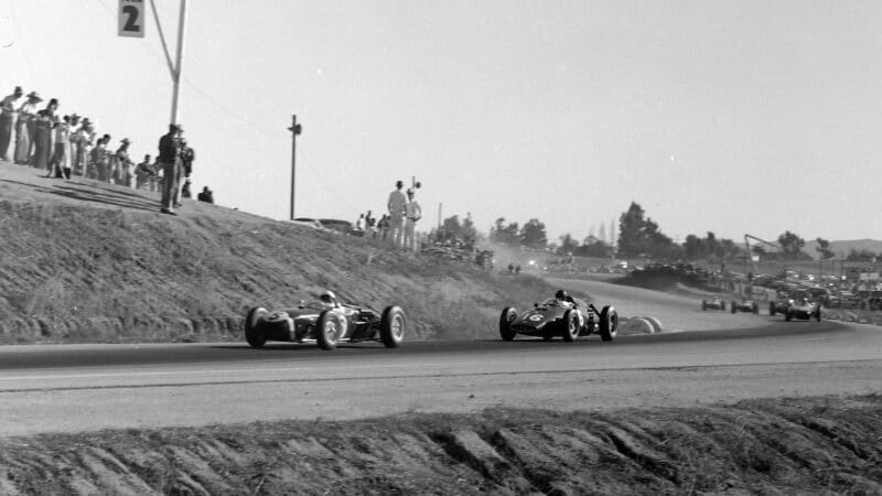 Stirling Moss leads Dan Gurney in 1965 US Grand Prix at Riverside