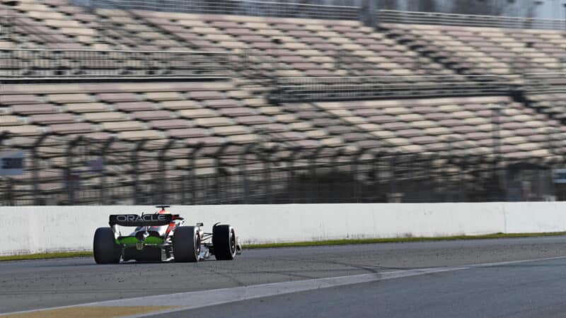 Max Verstappen (Red Bull-Honda) and empty grandstands during 2022 pre-season test at the Circuit de Barcelona Catalunya