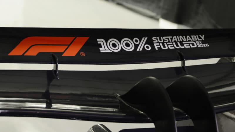 Rear wing with meassage of Formula 1 to run on sustainable fuel by 2026 during testing in Bahrain