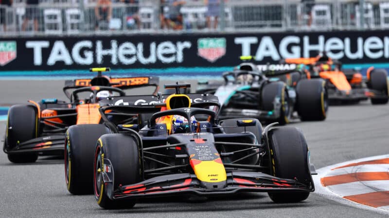 Max Verstappen (Red Bull-Honda) leads Lando Norris (McLaren-Mercedes), Kimi Antonelli (Mercedes) and Oscar Piastri (McLaren-Mercedes) during the 2025 Miami Grand Prix