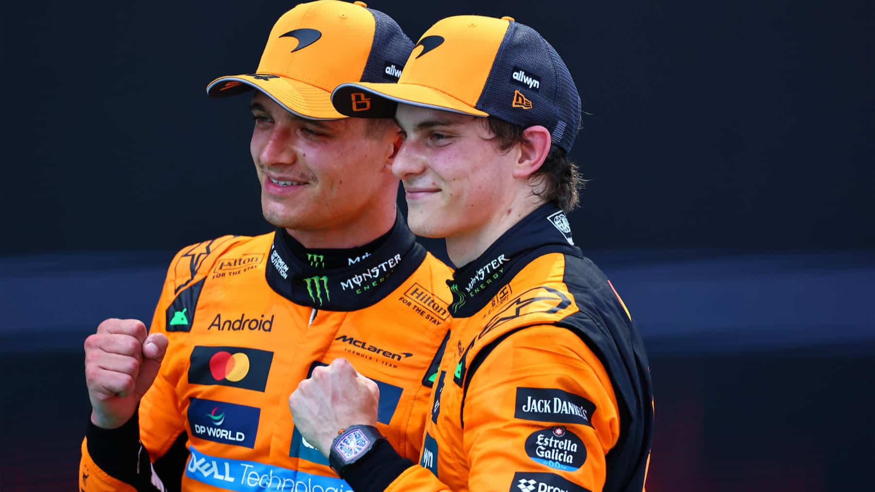 McLaren-Mercedes drivers Oscar Piastri and Lando Norris celebrate after the 2025 Spanish Grand Prix