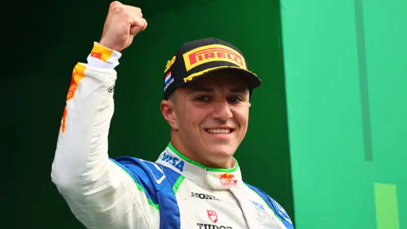 Isack Hadjar (Racing Bulls-Honda) on the podium after the 2025 Dutch Grand Prix