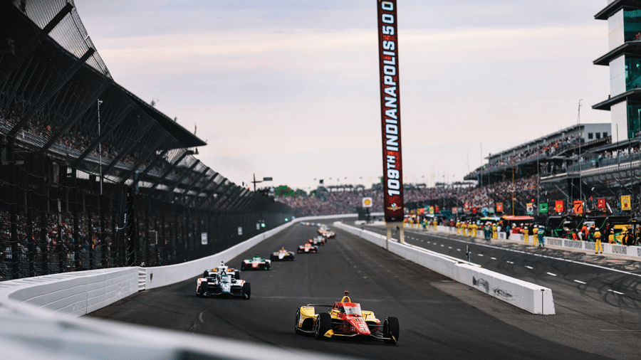 Álex Palou, here leading Santino Ferrucci at the Brickyard, had never won the Indy 500 – but he put that right last May