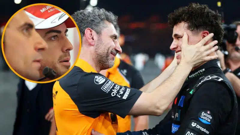 Andrea Stella embraces Lando Norris with inset picture of Stella with Fernando Alonso in 2010
