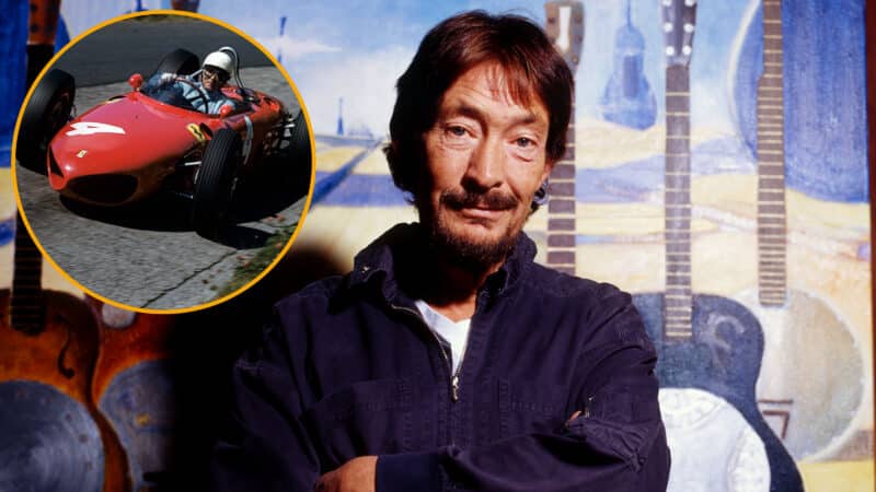Chris Rea portrait with Phil Hill inset in a Ferrari Sharknose