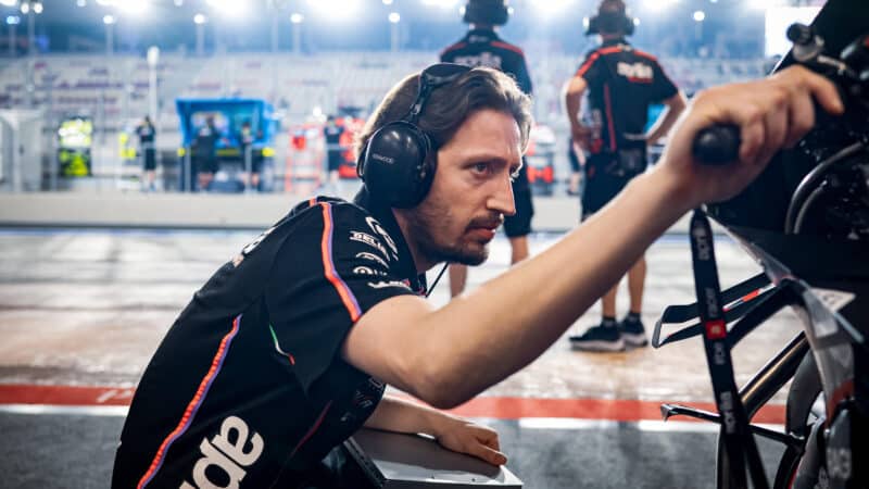 Pasquale Valente checks Aprilia MotoGP bike