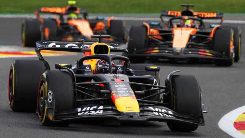 Max Verstappen chased by the McLarens at Spa