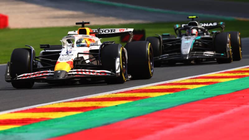 Isack Hadjar in front of Kimi Antonelli during the 2025 Belgian GP