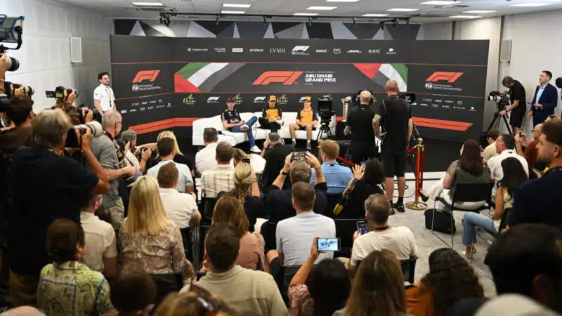Max Verstappen, Lando Norris and Oscar Piastri during the Abu Dhabi GP press conference