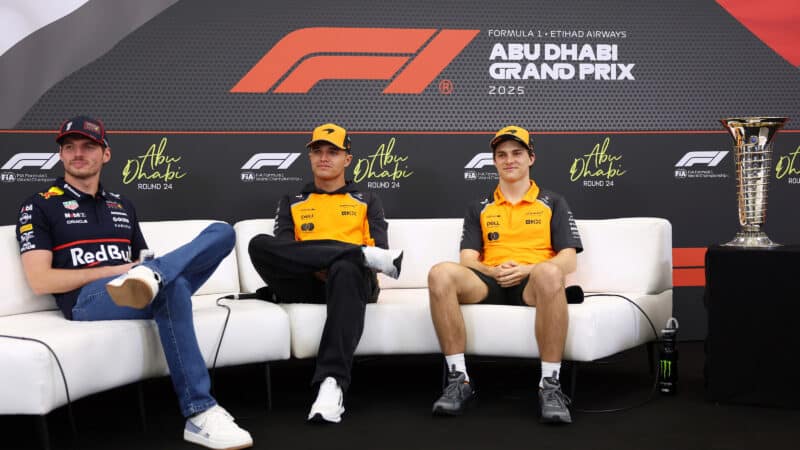 Verstappen with Norris and Piastri at 2025 Abu Dhabi press conference