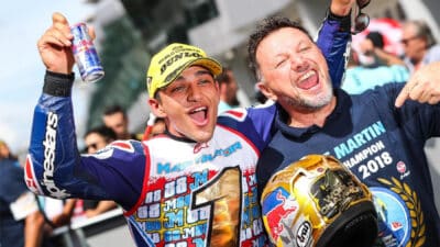 Fausto Gresini celebrates winning the 2018 Moto3 world title with Jorge Martin. Team founder Gresini had a little less than two more years to live